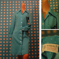 1970's turquoise polka dot dress w/ collar and breast pocket